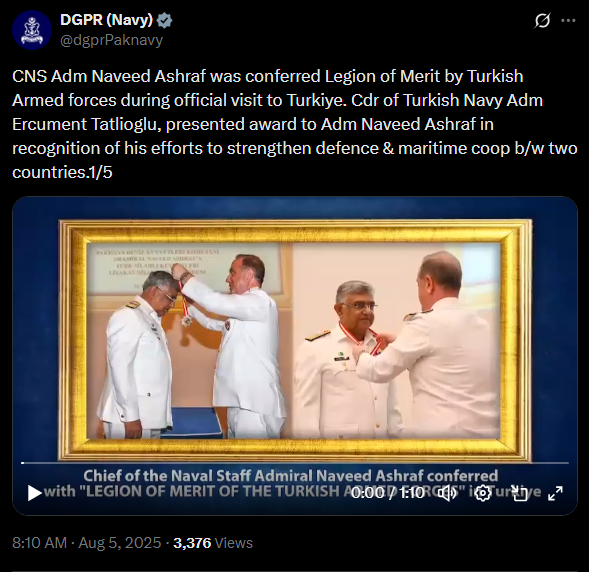 Adm Naveed Ashraf was conferred Legion of Merit by Turkish Armed Forces