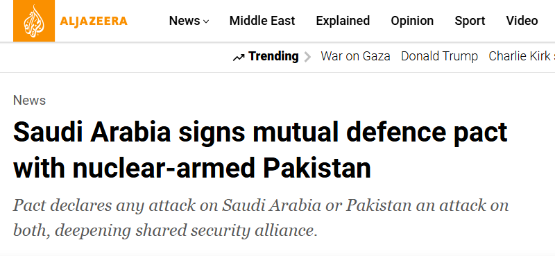 Saudi Arabia and Pakistan signed a mutual defence pact pledging joint response to any aggression.