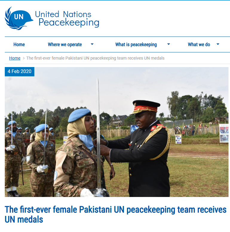 Pakistani Female Engagement Team, the first-ever all-female group from Pakistan in a UN mission, receives UN medals for peacekeeping service in the Democratic Republic of the Congo.
