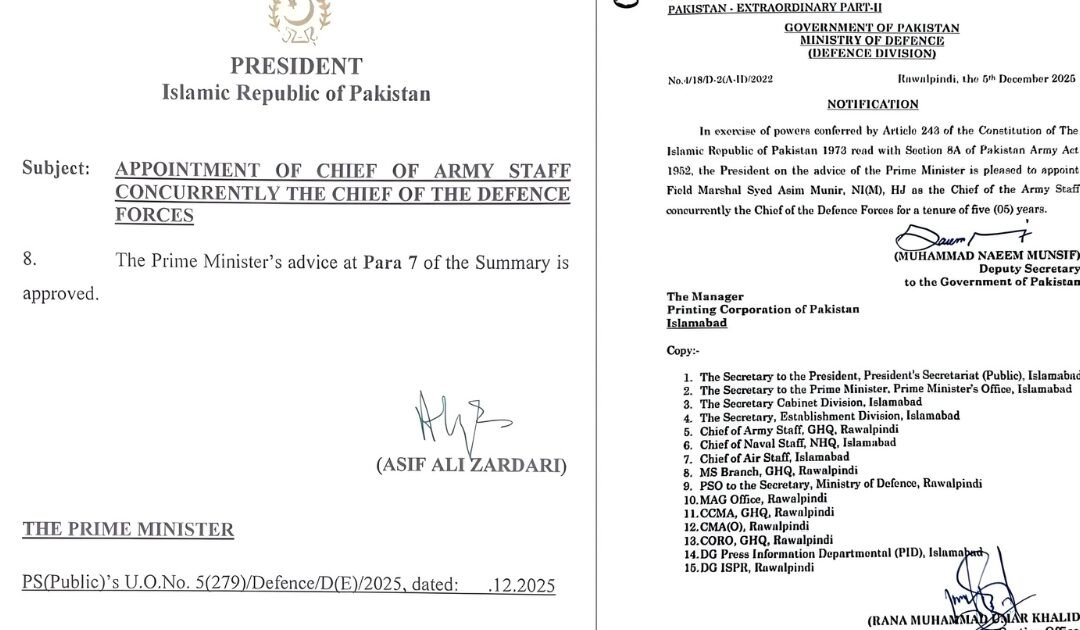 Field Marshal Asim Munir Officially Appointed Pakistan’s First Chief of Defence Forces