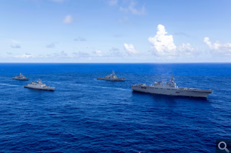 India (blue hull) worked alongside Japanese and US ships in Exercise Malabar 2025.