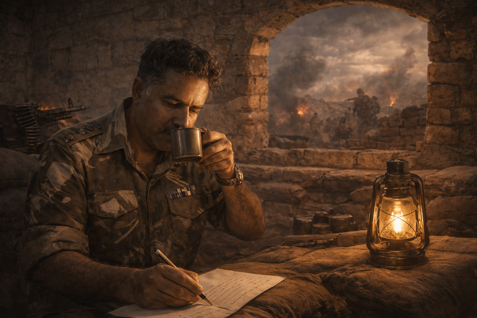 Depicting Col Sultan writing a letter while sipping tea