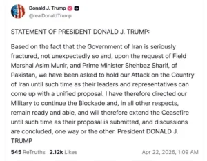 Trump thruth social post about FM Asim Munir's role in US Iran Ceasefire extension